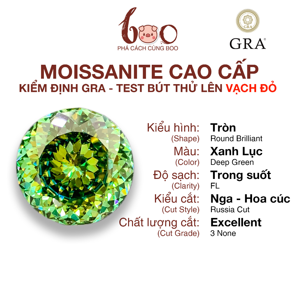 Kim cương Moissanite xanh lục giác hoa cúc , độ sạch FL Thử bút lên vạch đỏ Kèm Kiểm Định GRA