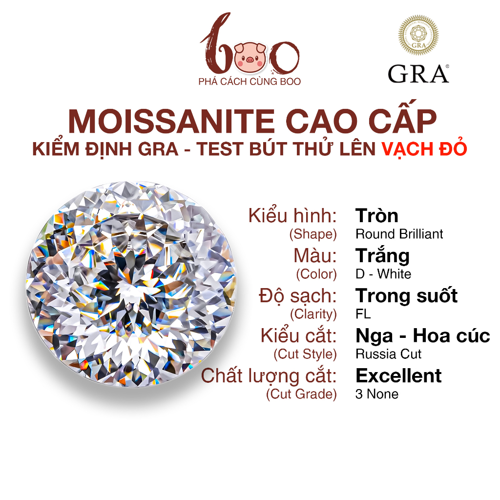 Kim cương Moissanite trắng nước D giác hoa cúc , độ sạch FL Thử bút lên vạch đỏ Kèm Kiểm Định GRA