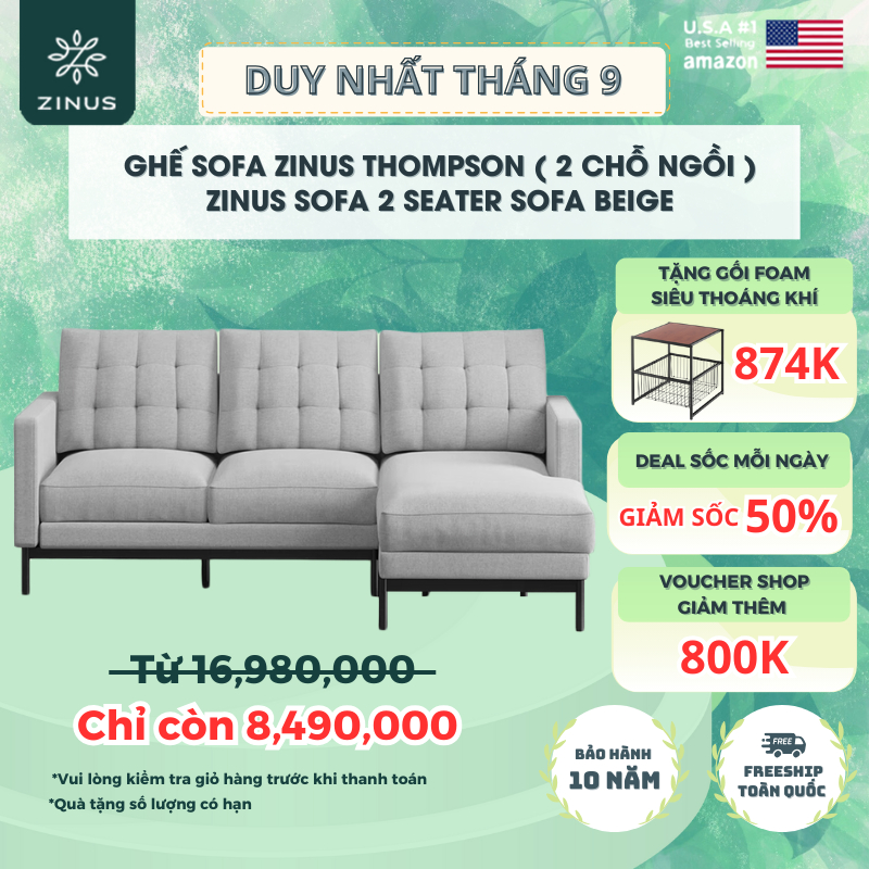 Ghế Sofa Zinus Thompson Chữ L Hiện Đại Sang Trọng- Zinus Thompson 2 Seater Chaise Sofa