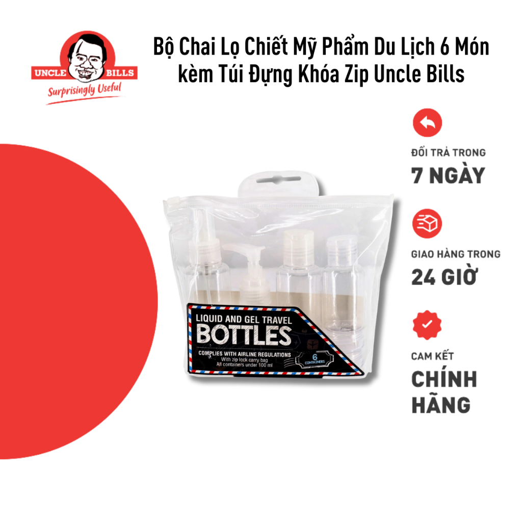 Bộ Chai Lọ Chiết Mỹ Phẩm Du Lịch 6 Món kèm Túi Đựng Khóa Zip Uncle Bills AG0258 - Hàng Nhập Khẩu