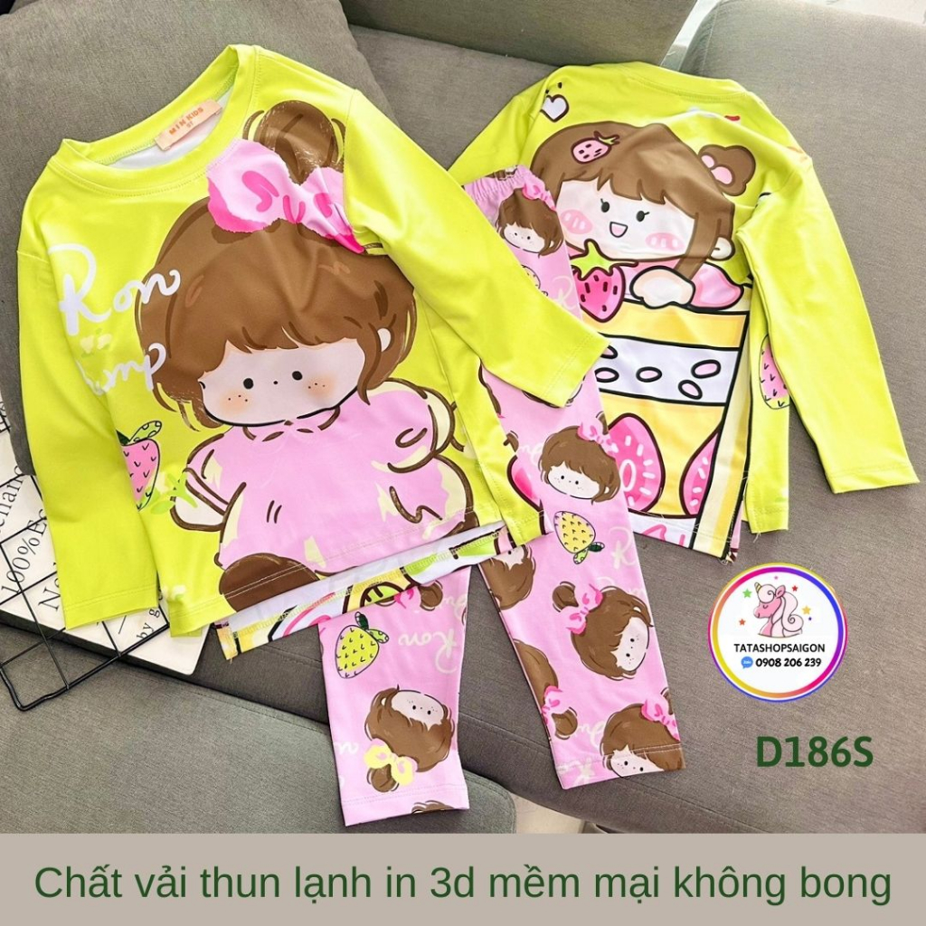 D186 - Đồ ngủ bé gái dài tay chất thun lạnh in 3D pony mickey kitty size đại 22 đến 40kg