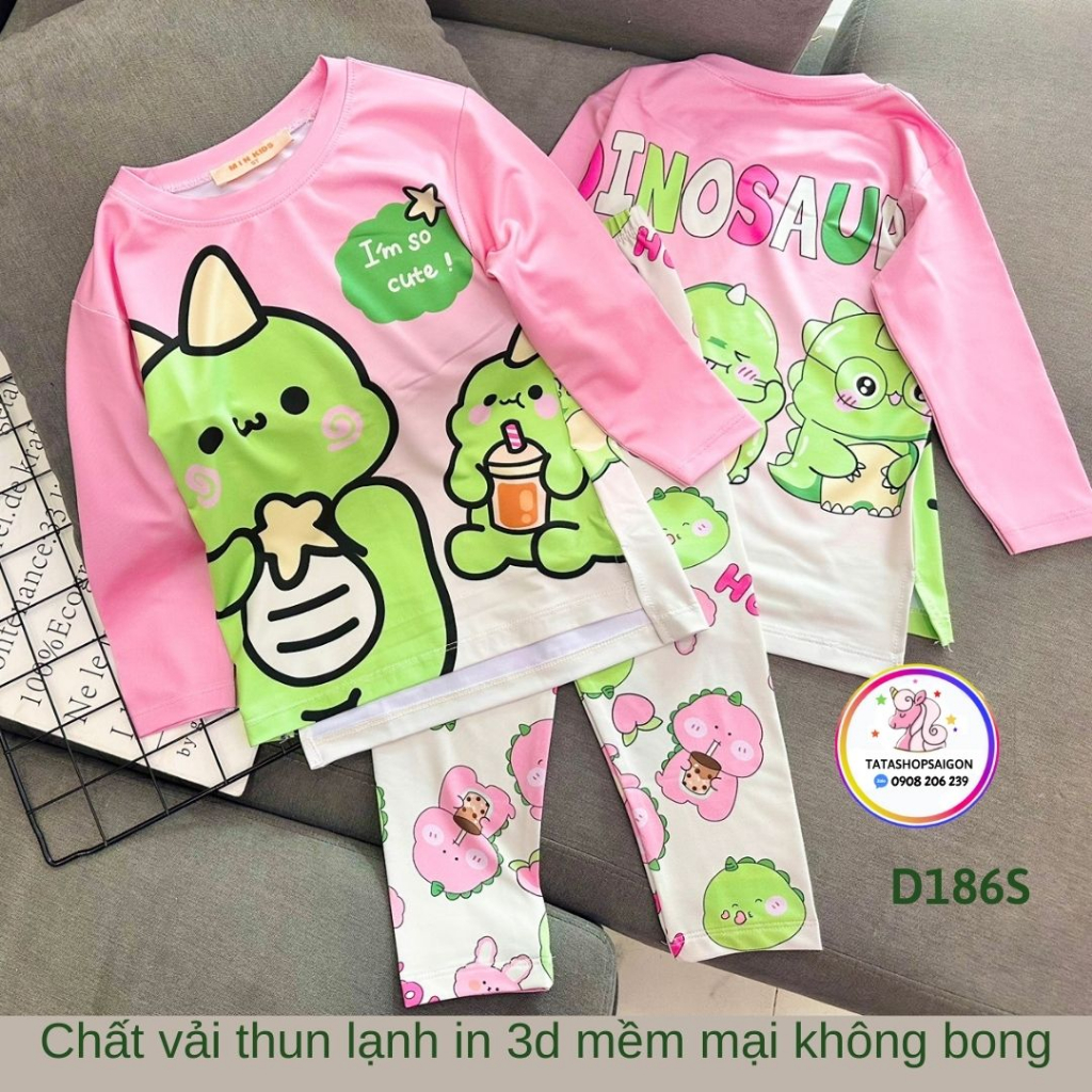 D186 - Đồ ngủ bé gái dài tay chất thun lạnh in 3D pony mickey kitty size đại 22 đến 40kg