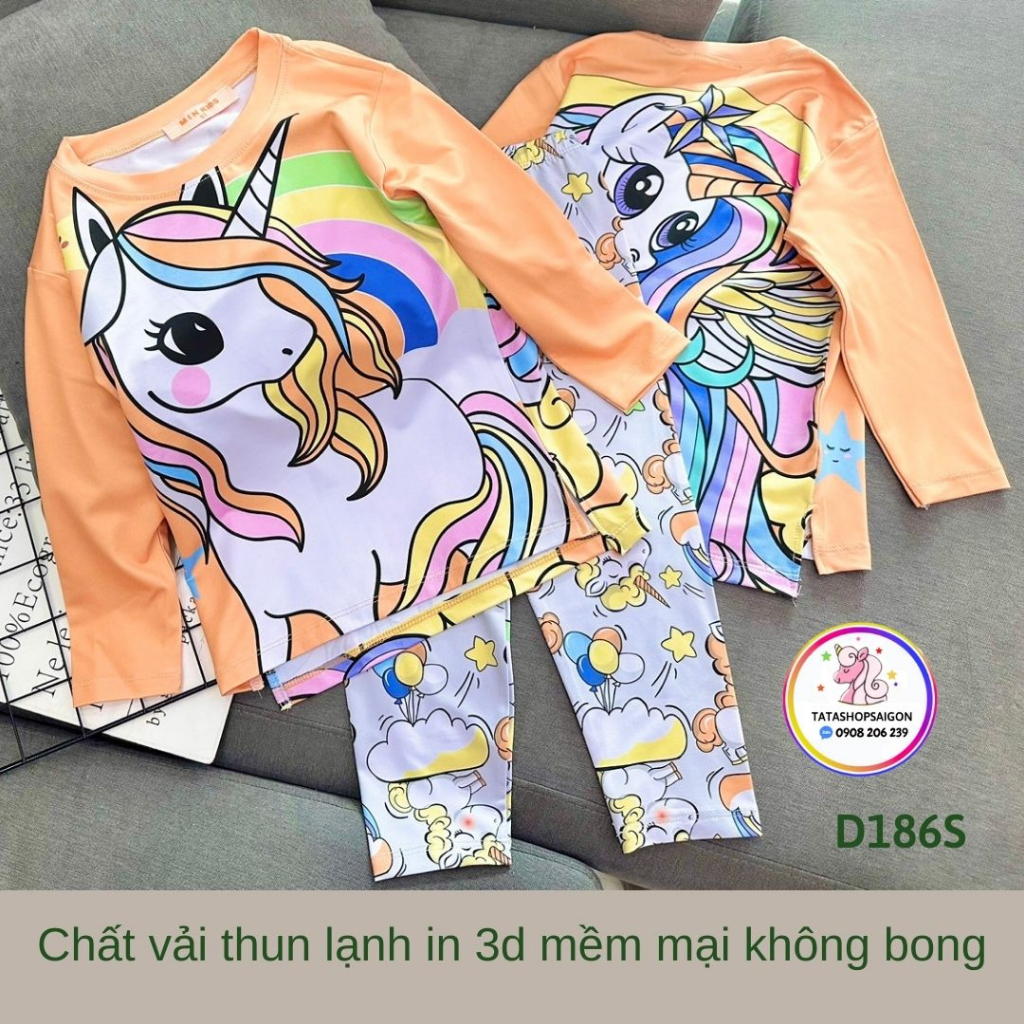 D186 - Đồ ngủ bé gái dài tay chất thun lạnh in 3D pony mickey kitty size đại 22 đến 40kg