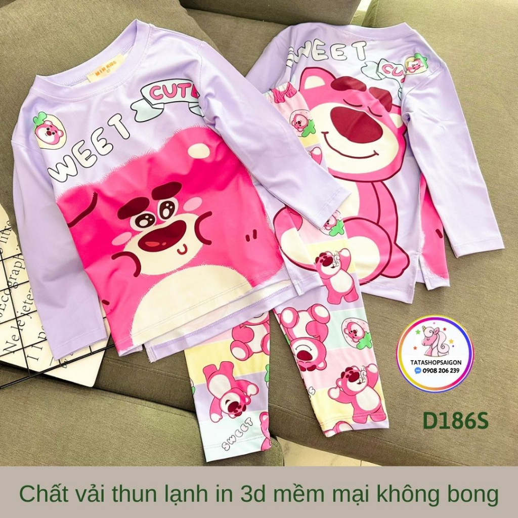 D186 - Đồ ngủ bé gái dài tay chất thun lạnh in 3D pony mickey kitty size đại 22 đến 40kg