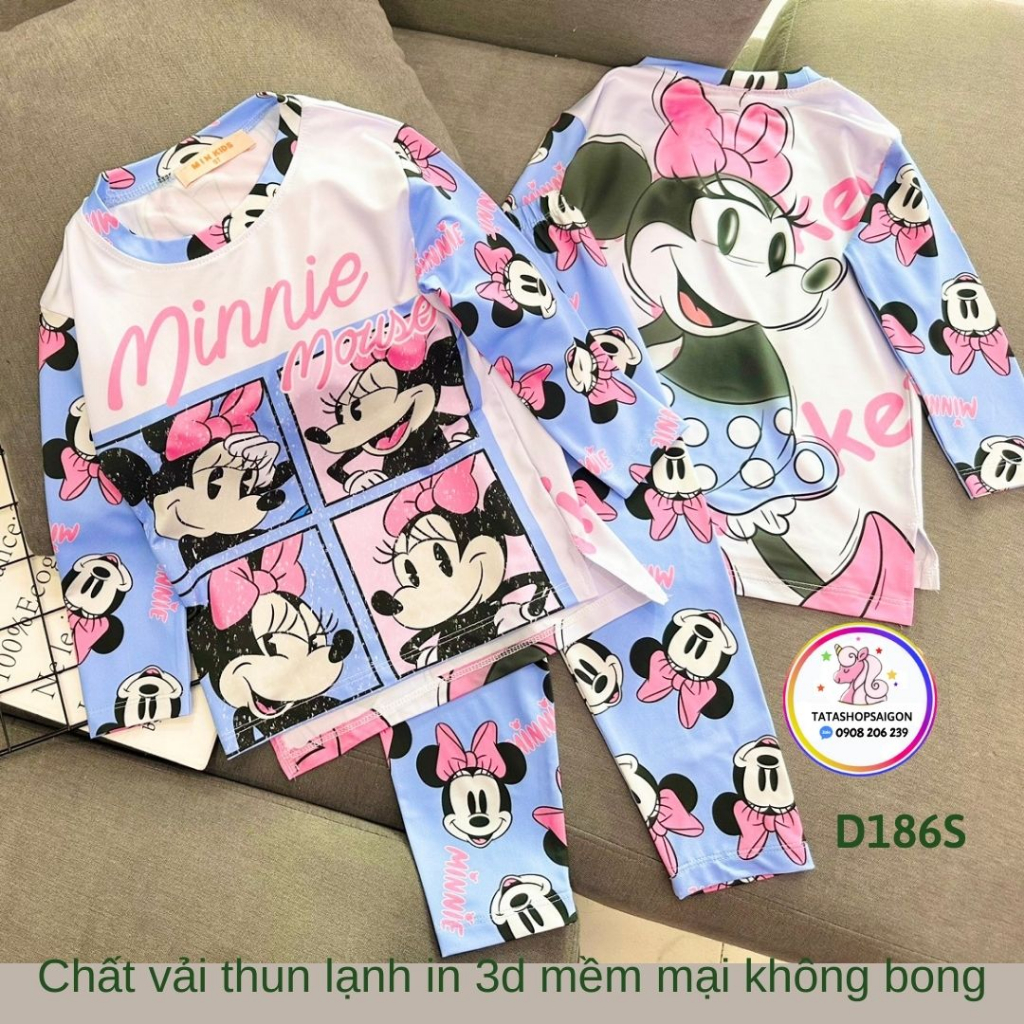 D186 - Đồ ngủ bé gái dài tay chất thun lạnh in 3D pony mickey kitty size đại 22 đến 40kg