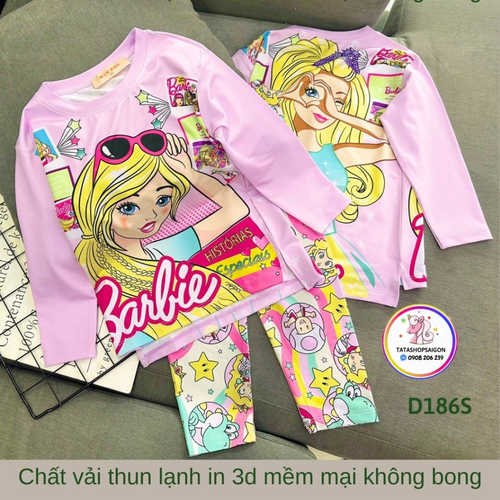 D186 - Đồ ngủ bé gái dài tay chất thun lạnh in 3D pony mickey kitty size đại 22 đến 40kg