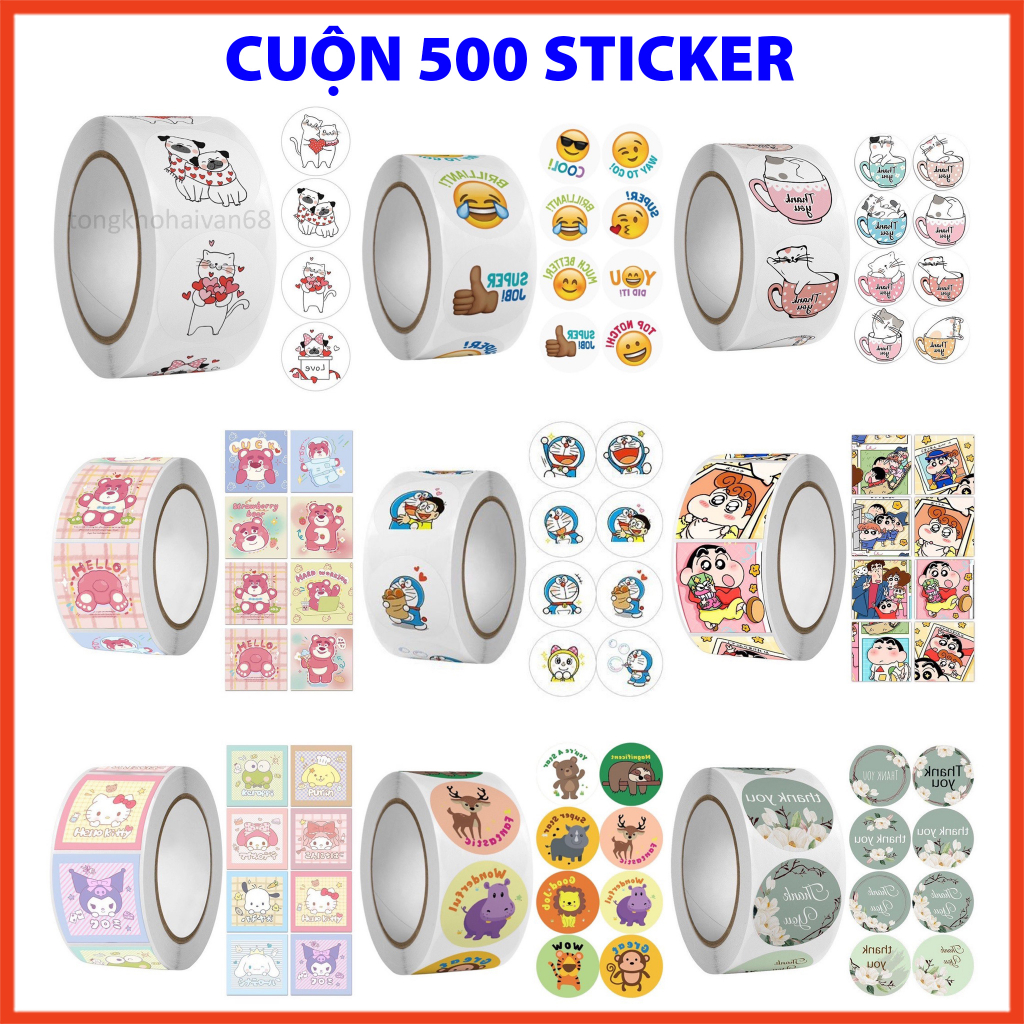 Cuộn 500 sticker nhiều hình ngộ nghĩnh, tem dán sticker thank you nhiều mẫu mã cute dễ lựa chọn