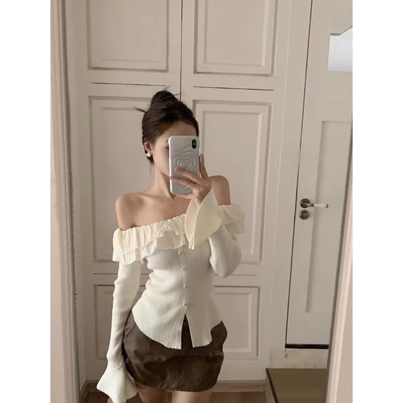 Áo Nữ Trễ Vai Bèo Tơ Tay Loe Size S M - Halinh Shop - Áo Nữ Tay Loe Phối Bèo Tiểu Thư Xinh
