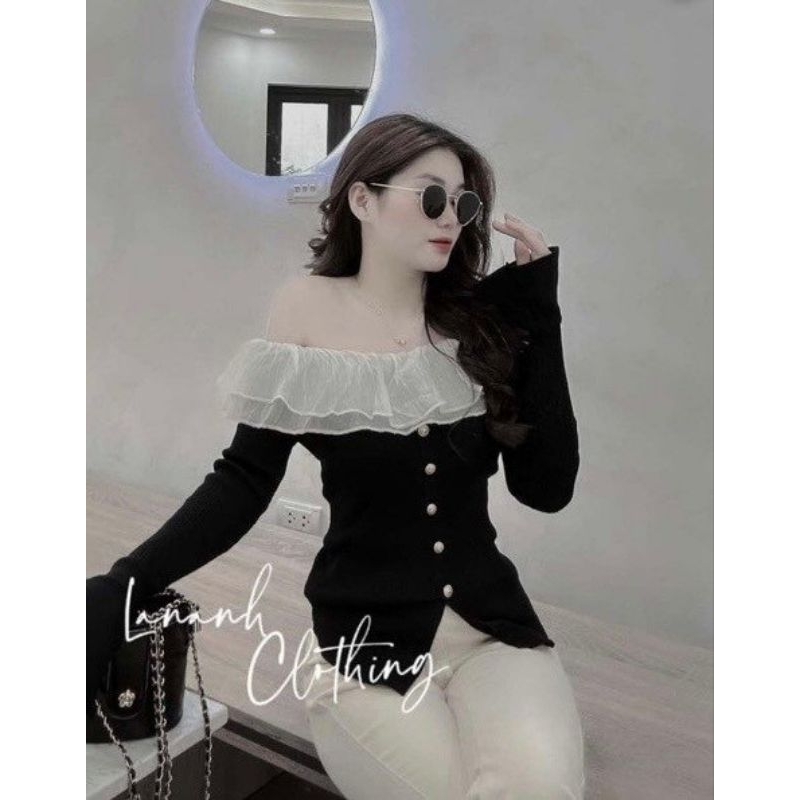 Áo Nữ Trễ Vai Bèo Tơ Tay Loe Size S M - Halinh Shop - Áo Nữ Tay Loe Phối Bèo Tiểu Thư Xinh
