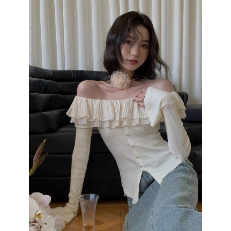 Áo Nữ Trễ Vai Bèo Tơ Tay Loe Size S M - Halinh Shop - Áo Nữ Tay Loe Phối Bèo Tiểu Thư Xinh