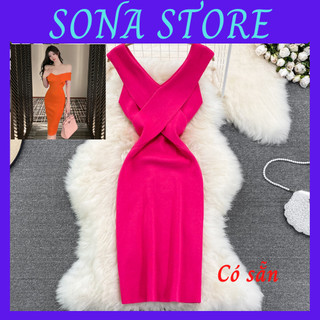 Váy body trễ vai dáng dài len dệt kim cổ v đầm ôm nữ sexy gợi cảm sang chảnh tiểu thư bánh bèo hàng quảng châu cao cấp