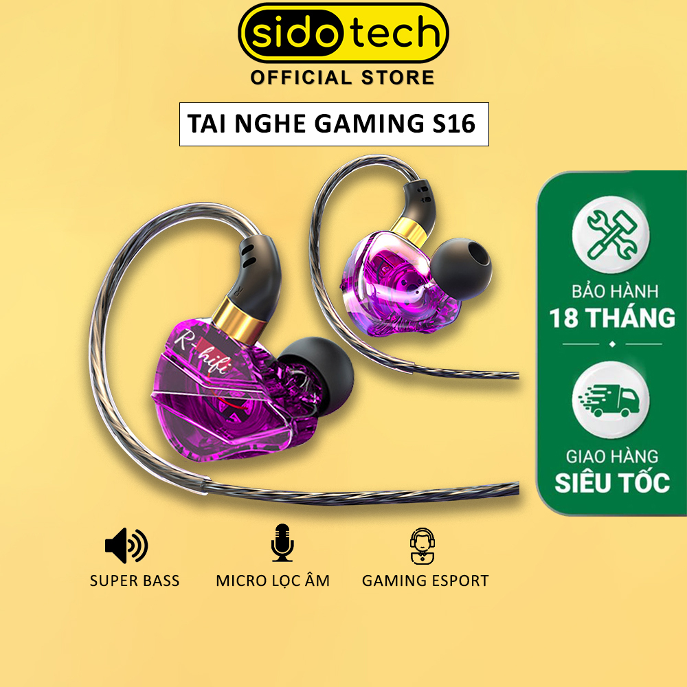 Tai nghe có dây nhét tai SIDOTECH S16 gaming chân 3.5 âm thanh hifi sống động chống ồn cao thiết kế sáng tạo