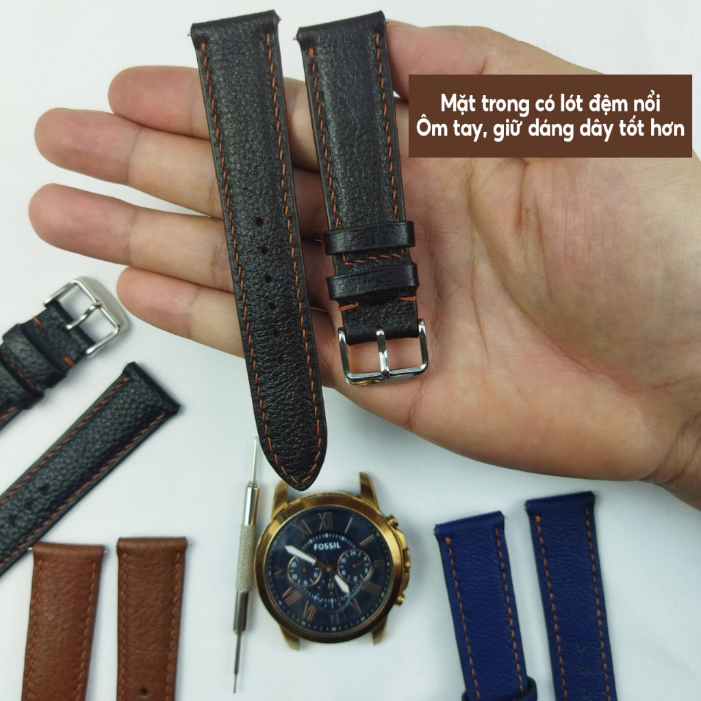 Dây đồng hồ da bò 2 mặt PQ Leather PD1 khâu tay thủ công size 18, 20, 22, 24 da thật bảo hành 12 tháng