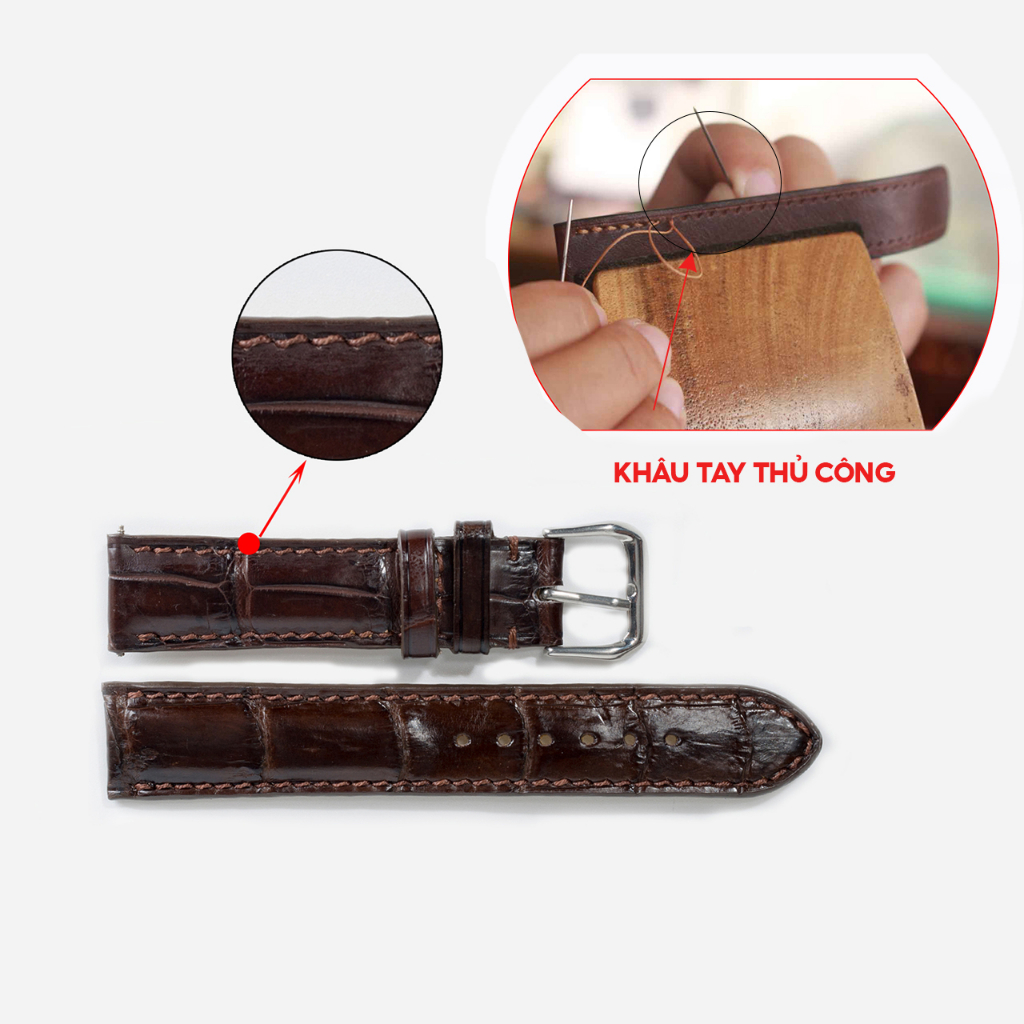 Dây đồng hồ nam da cá sấu khâu tay thủ công PQ Leather PD3 size 18mm, 20mm, 22mm, 24mm bảo hành 12 tháng