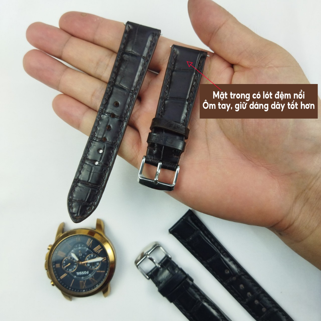 Dây đồng hồ nam da cá sấu khâu tay thủ công PQ Leather PD3 size 18mm, 20mm, 22mm, 24mm bảo hành 12 tháng