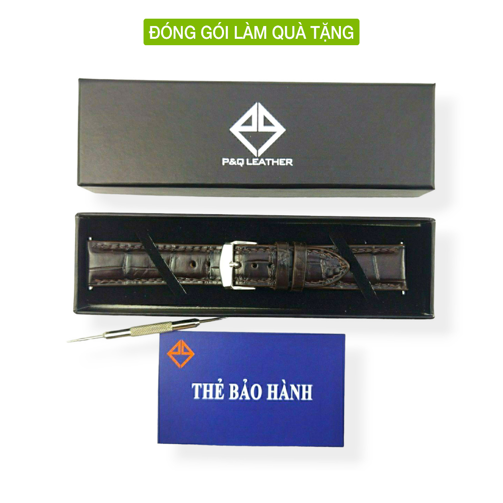 Dây đồng hồ nam da cá sấu khâu tay thủ công PQ Leather PD3 size 18mm, 20mm, 22mm, 24mm bảo hành 12 tháng