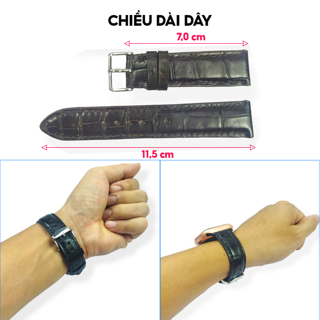 Dây đồng hồ nam da cá sấu khâu tay thủ công PQ Leather PD3 size 18mm, 20mm, 22mm, 24mm bảo hành 12 tháng