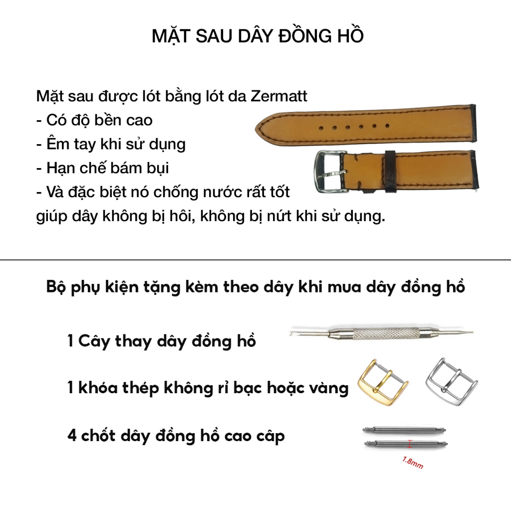 Dây đồng hồ nam da cá sấu khâu tay thủ công PQ Leather PD3 size 18mm, 20mm, 22mm, 24mm bảo hành 12 tháng
