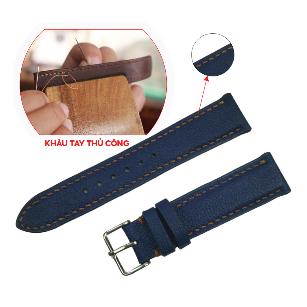 Dây đồng hồ da bò 2 mặt PQ Leather PD1 khâu tay thủ công size 18, 20, 22, 24 da thật bảo hành 12 tháng
