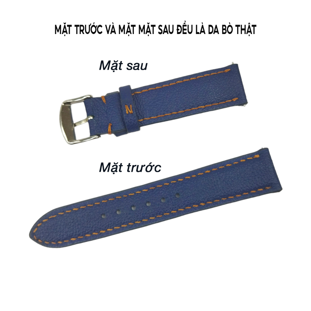 Dây đồng hồ da bò 2 mặt PQ Leather PD1 khâu tay thủ công size 18, 20, 22, 24 da thật bảo hành 12 tháng