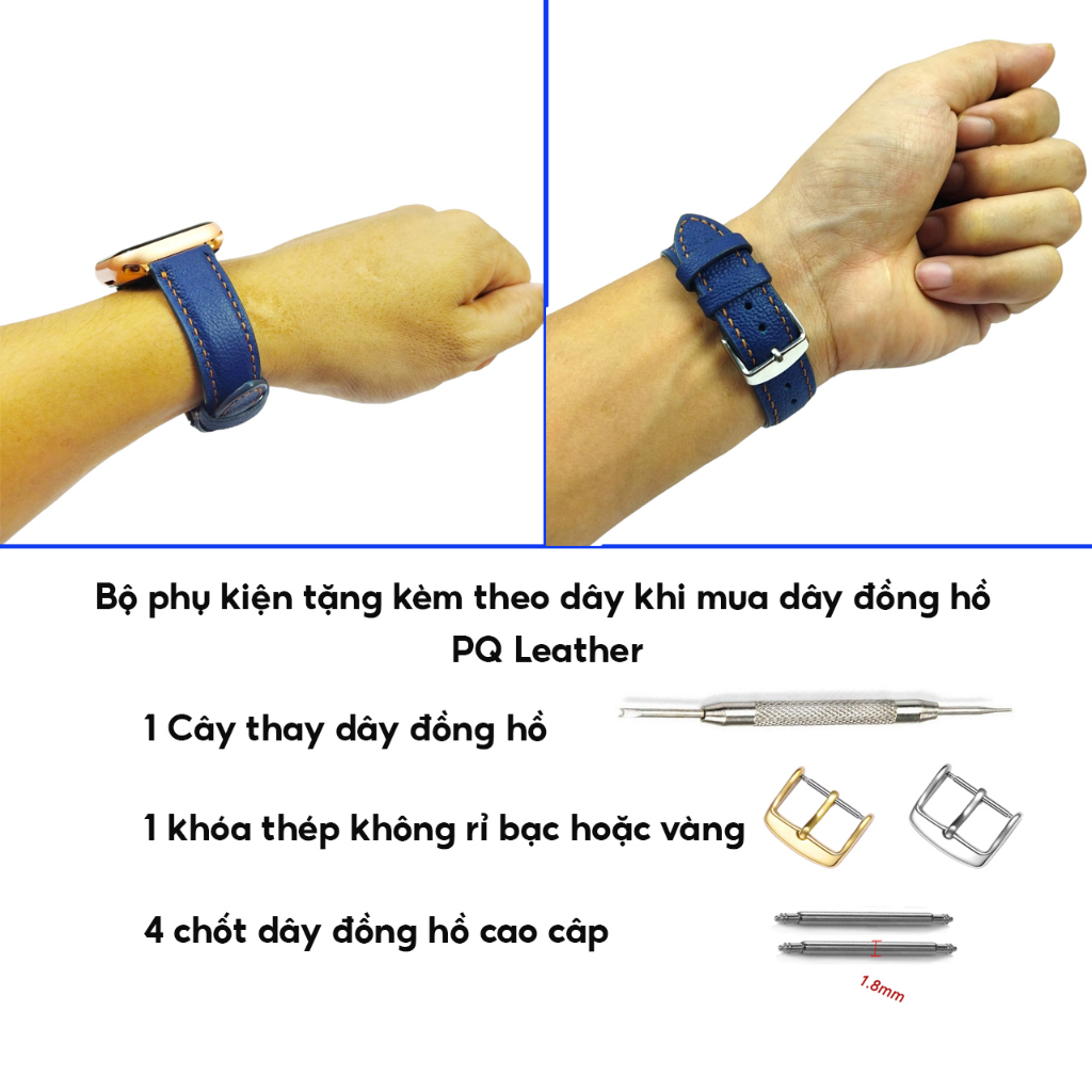 Dây đồng hồ da bò 2 mặt PQ Leather PD1 khâu tay thủ công size 18, 20, 22, 24 da thật bảo hành 12 tháng