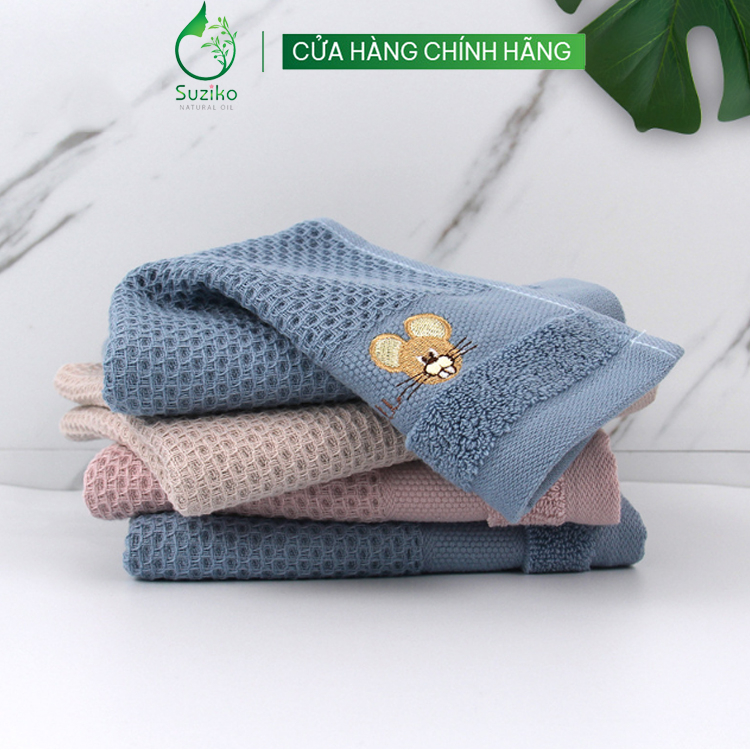 Khăn mặt trẻ em hai lớp cotton mềm mại thấm hút tốt. Khăn lau họa tiết tổ ong kích thước 30x30cm Suziko K19