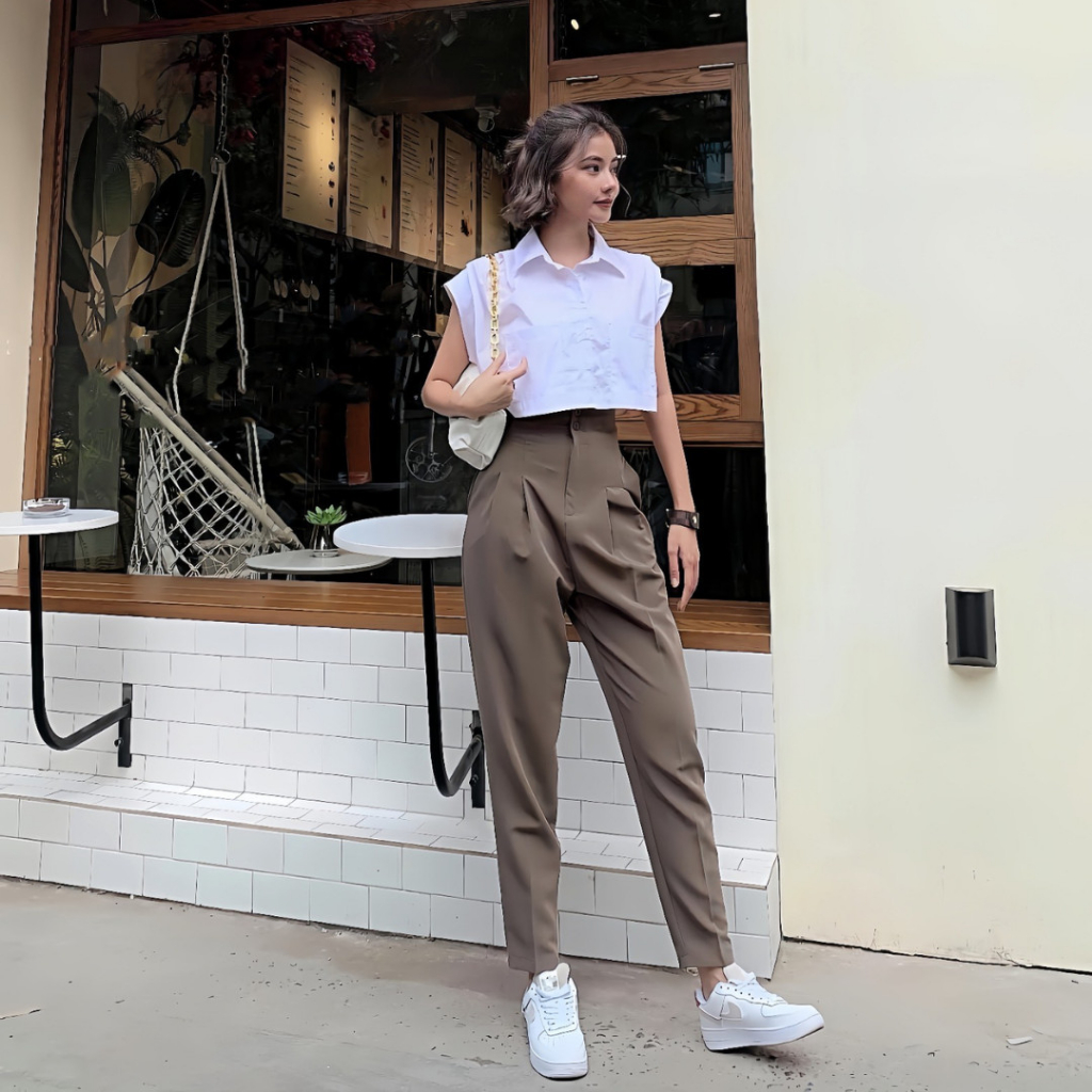 Quần Tây Baggy 2nút lưng cao xếp ly  màu Đen/Tan/Trắng/Xám