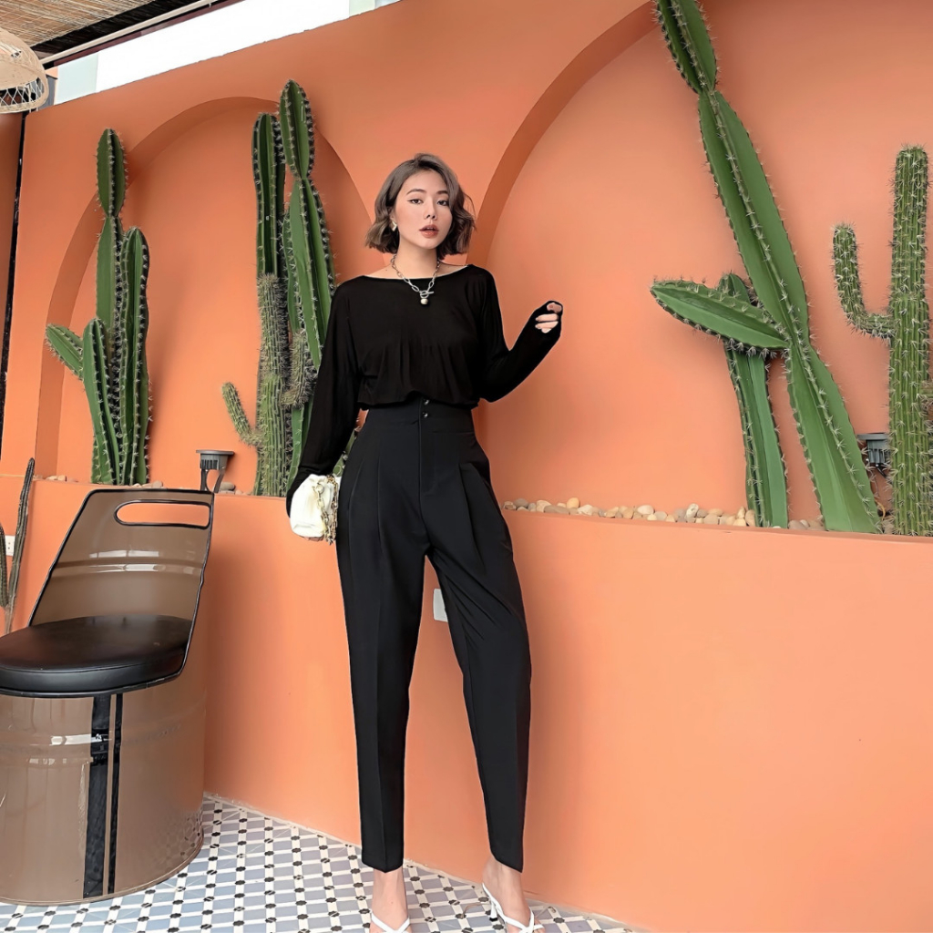 Quần Tây Baggy 2nút lưng cao xếp ly  màu Đen/Tan/Trắng/Xám