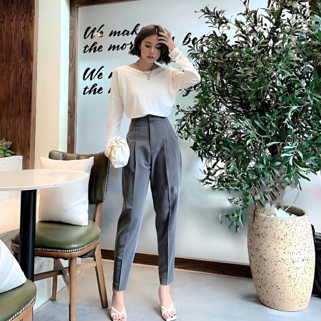 Quần Tây Baggy 2nút lưng cao xếp ly  màu Đen/Tan/Trắng/Xám