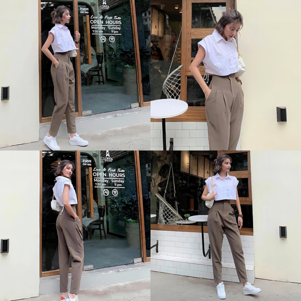 Quần Tây Baggy 2nút lưng cao xếp ly  màu Đen/Tan/Trắng/Xám