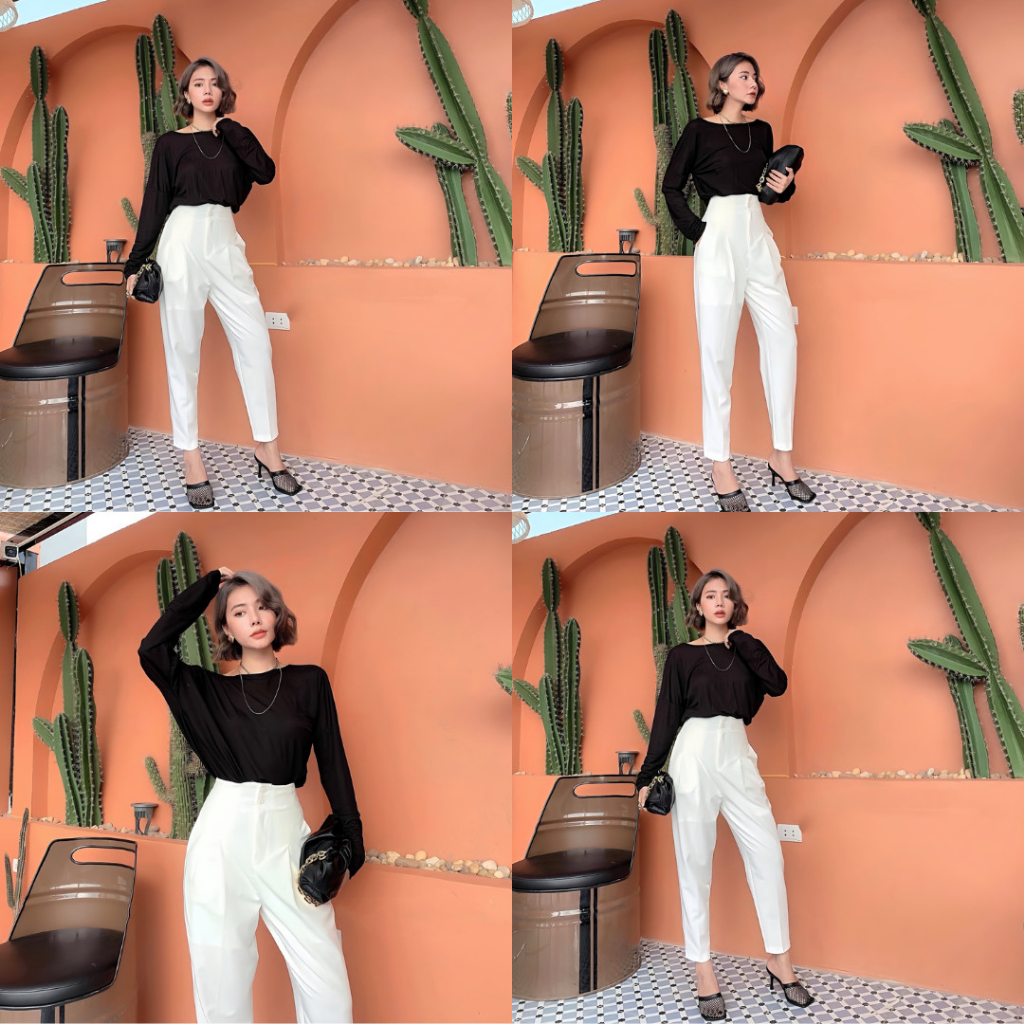 Quần Tây Baggy 2nút lưng cao xếp ly  màu Đen/Tan/Trắng/Xám