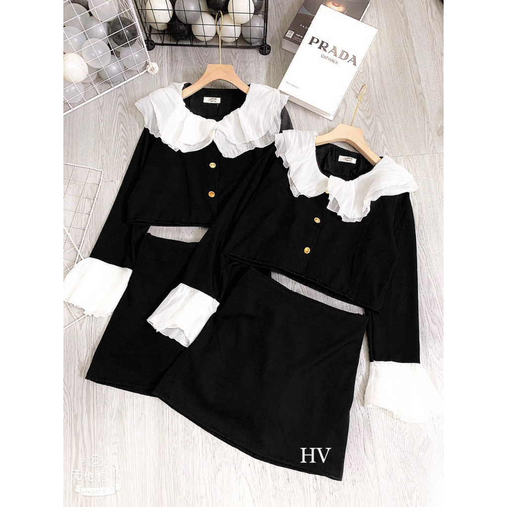 -Set áo croptop khuy đồng hàng Quảng Châu phong cách tiểu thư kèm ảnh thật