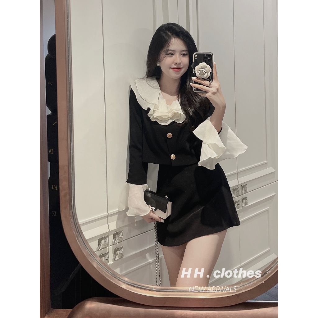 -Set áo croptop khuy đồng hàng Quảng Châu phong cách tiểu thư kèm ảnh thật