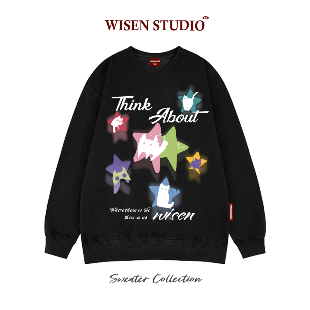 Áo sweater WISEN  nỉ bông form rộng oversize unisex mẫu THINK ABOUT