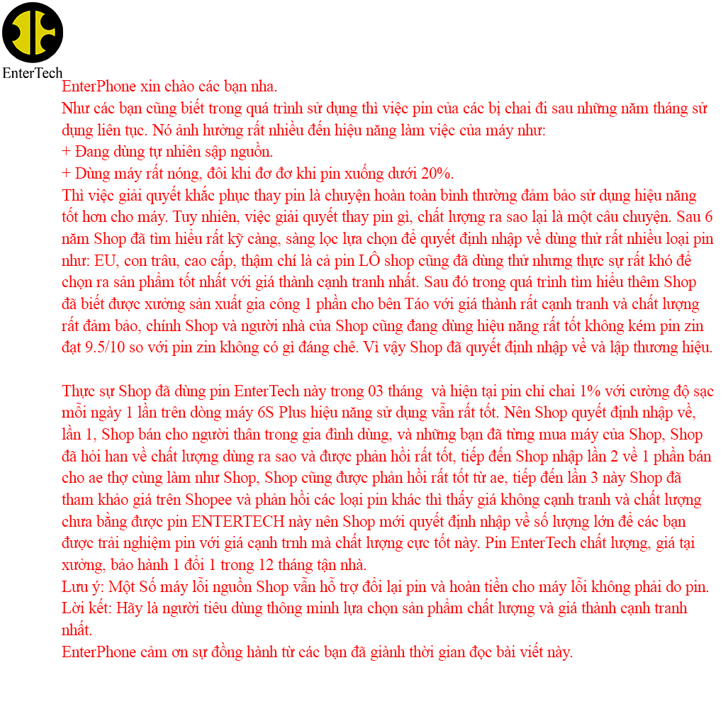 Pin dùng cho ĐT 5G/ 5S/ 5SE chính hãng EnterTech bảo hành 12 tháng.