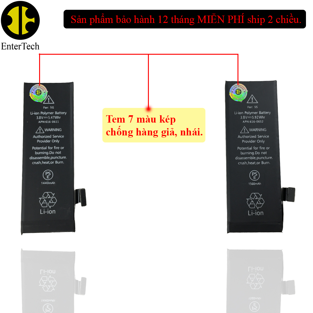 Pin dùng cho ĐT 5G/ 5S/ 5SE chính hãng EnterTech bảo hành 12 tháng.