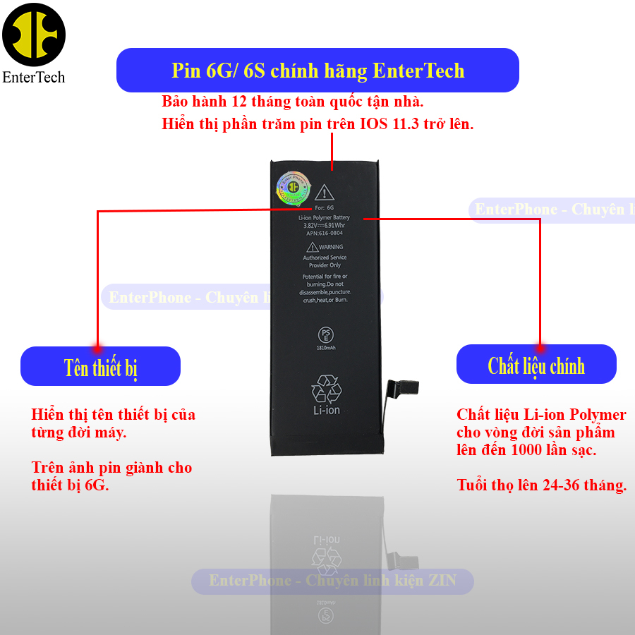 Pin dùng cho ĐT 6G/ 6S chính hãng EnterTech bảo hành 12 tháng.