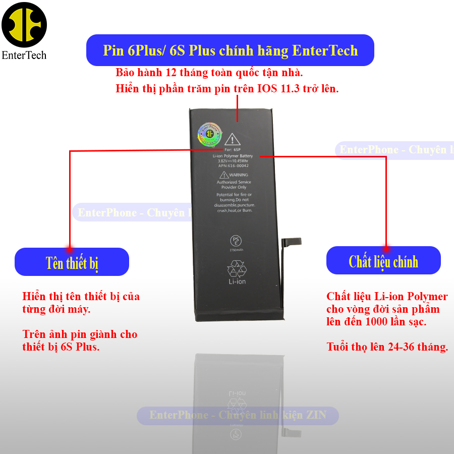 Pin dùng cho ĐT 6 Plus/ 6S Plus chính hãng EnterTech bảo hành 12 tháng.