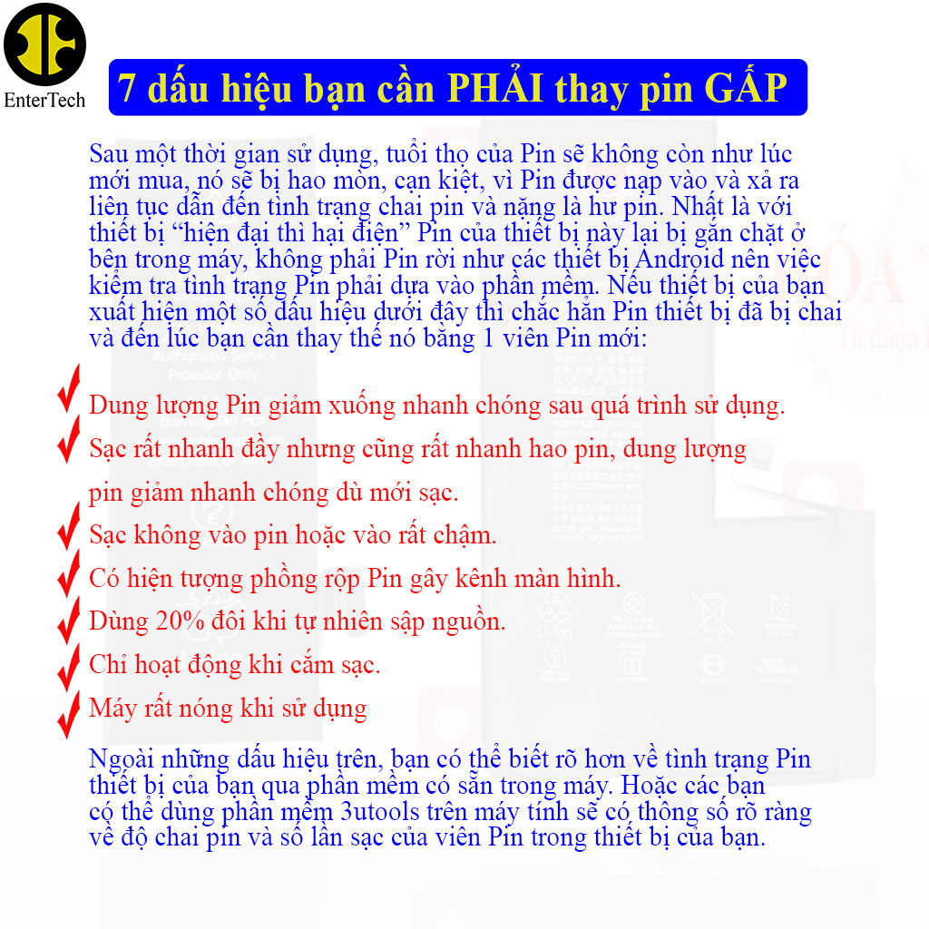 Pin dùng cho ĐT 6G/ 6S chính hãng EnterTech bảo hành 12 tháng.