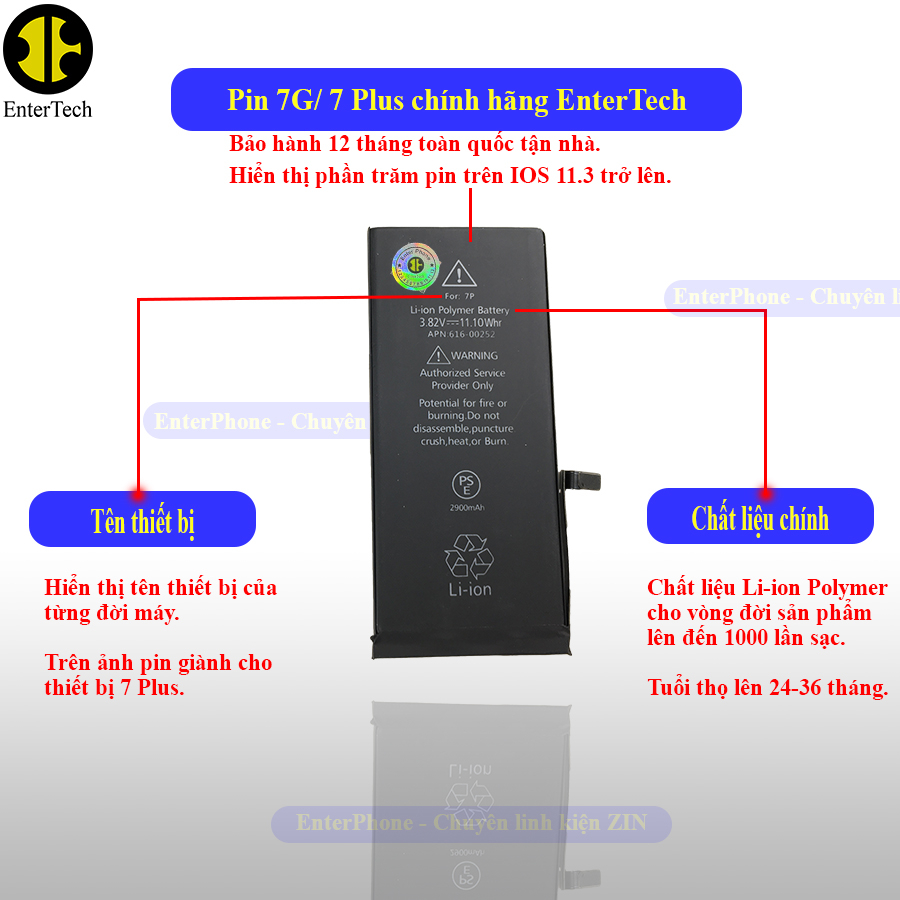 Pin dùng cho ĐT 7G/ 7 Plus chính hãng EnterTech bảo hành 12 tháng.
