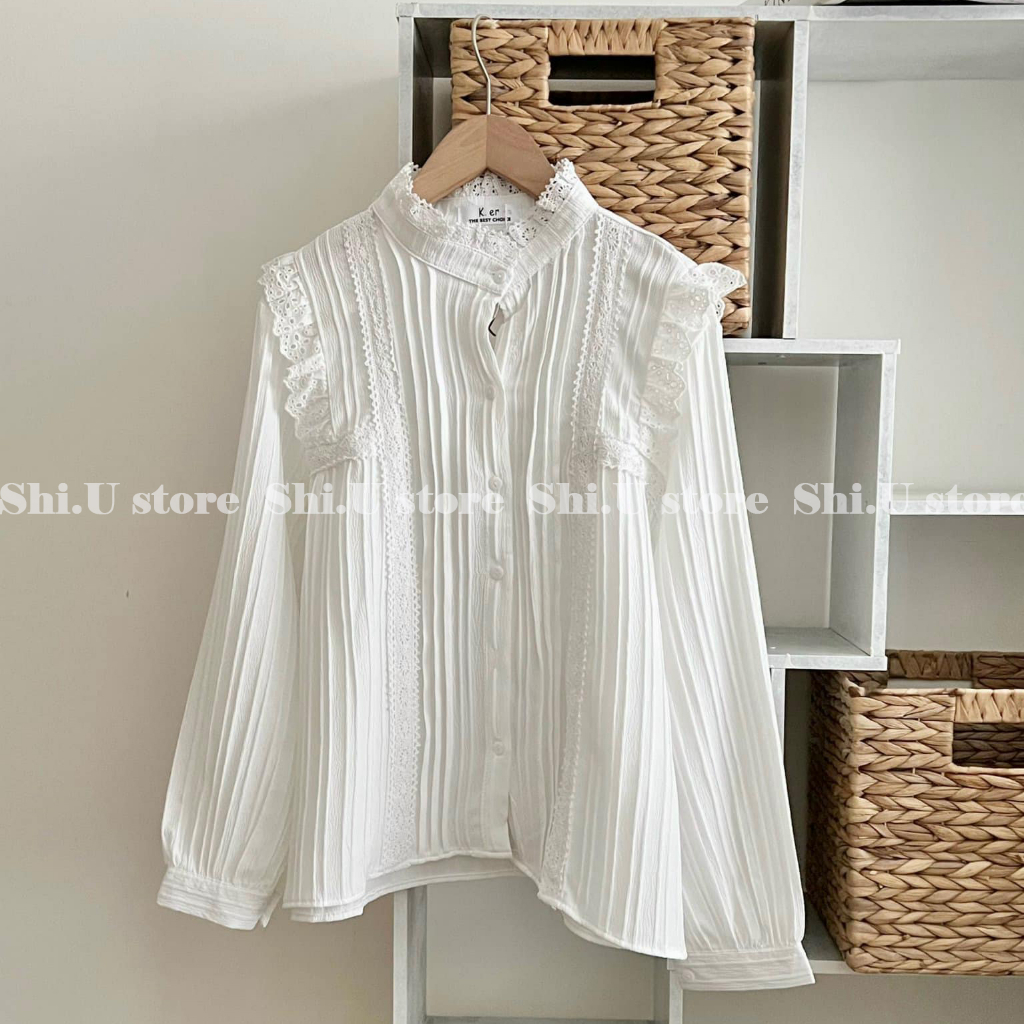 Áo sơ mi cổ tròn phối ren tay bồng chất đũi gân siêu xinh ulzzang