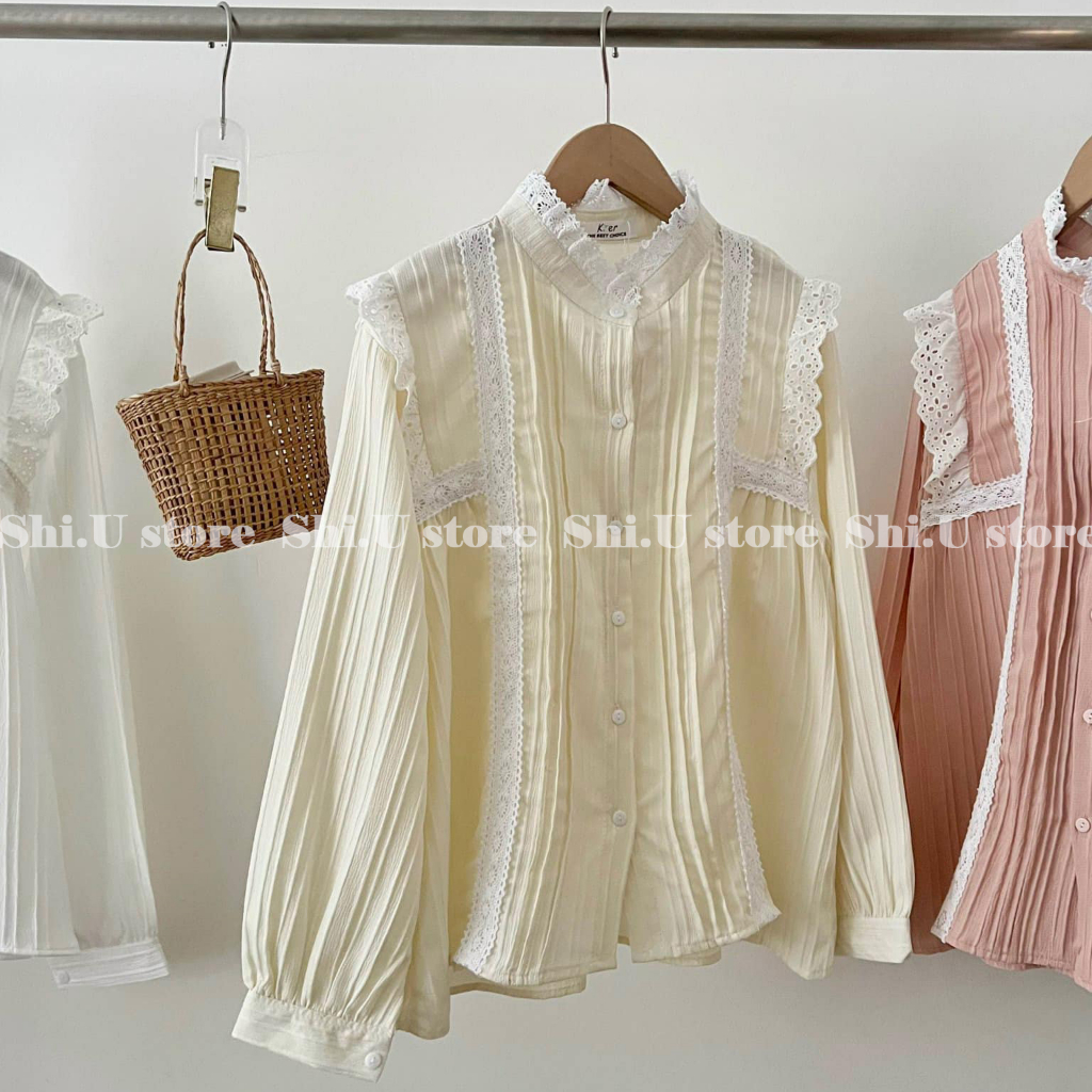 Áo sơ mi cổ tròn phối ren tay bồng chất đũi gân siêu xinh ulzzang