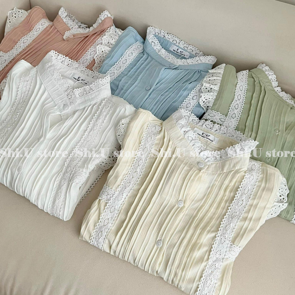 Áo sơ mi cổ tròn phối ren tay bồng chất đũi gân siêu xinh ulzzang