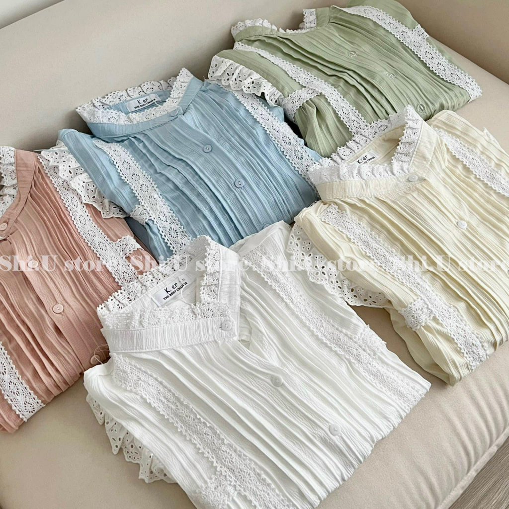 Áo sơ mi cổ tròn phối ren tay bồng chất đũi gân siêu xinh ulzzang