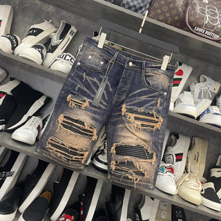  Quần Short Jeans AMIRI Đen Lót Da Siêu Cấp Quần Short Amiri Nam Vá Da Nhăn Đùi Hàng Super Siêu Chất 