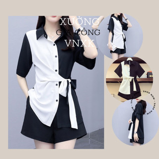💃Bộ Jumpsuit Nữ Áo Phối Màu Quần Đùi Set Áo Sơ Mi Cộc Tay Kèm Quần Sooc Ngắn Chất Đũi