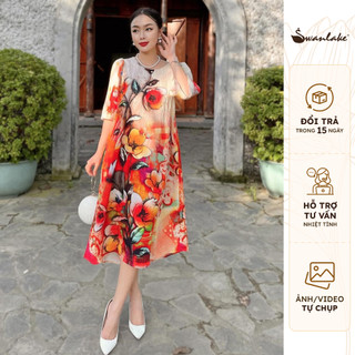 Đầm trung niên dáng dài suông rộng vải lụa gấm swanlake - d09773lw04