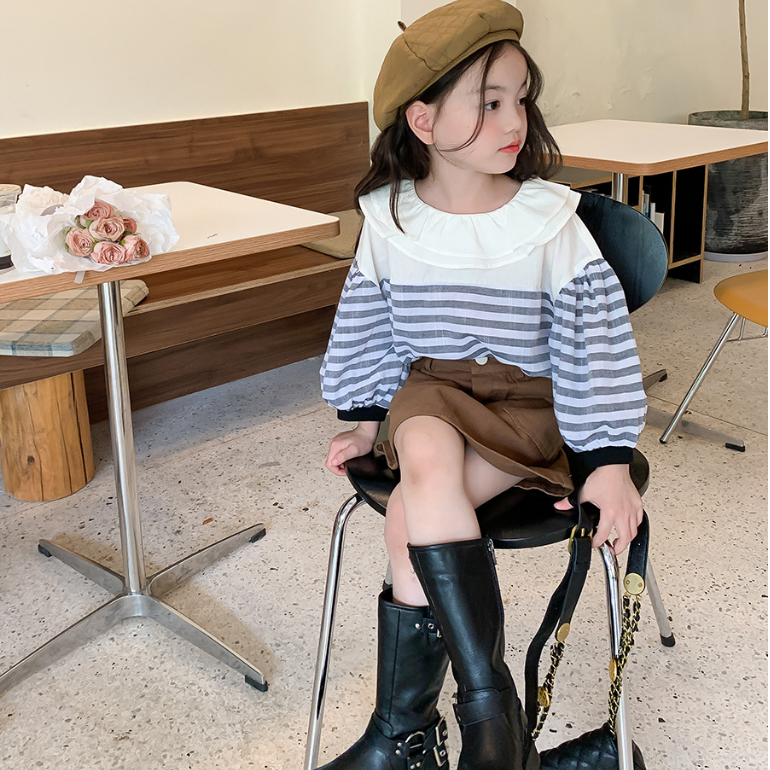 Áo sơ mi dài tay kẻ sọc ngang DMINT, cổ phối bèo trắng, tay bo chun điệu đà - Quần áo thu đông Ambb Kids