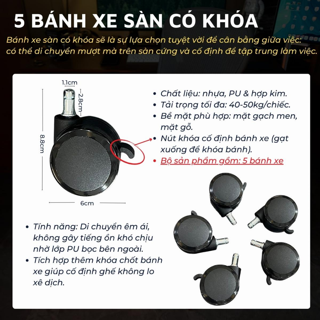 Bánh xe bàn ghế văn phòng, ghế công thái học, ghế xoay DandiHome