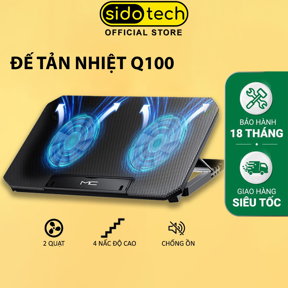 Đế tản nhiệt laptop SIDOTECH Q100 với 2 quạt lớn làm mát nhanh chống ồn led gaming 4 mức điều chỉnh độ cao tốc độ gió
